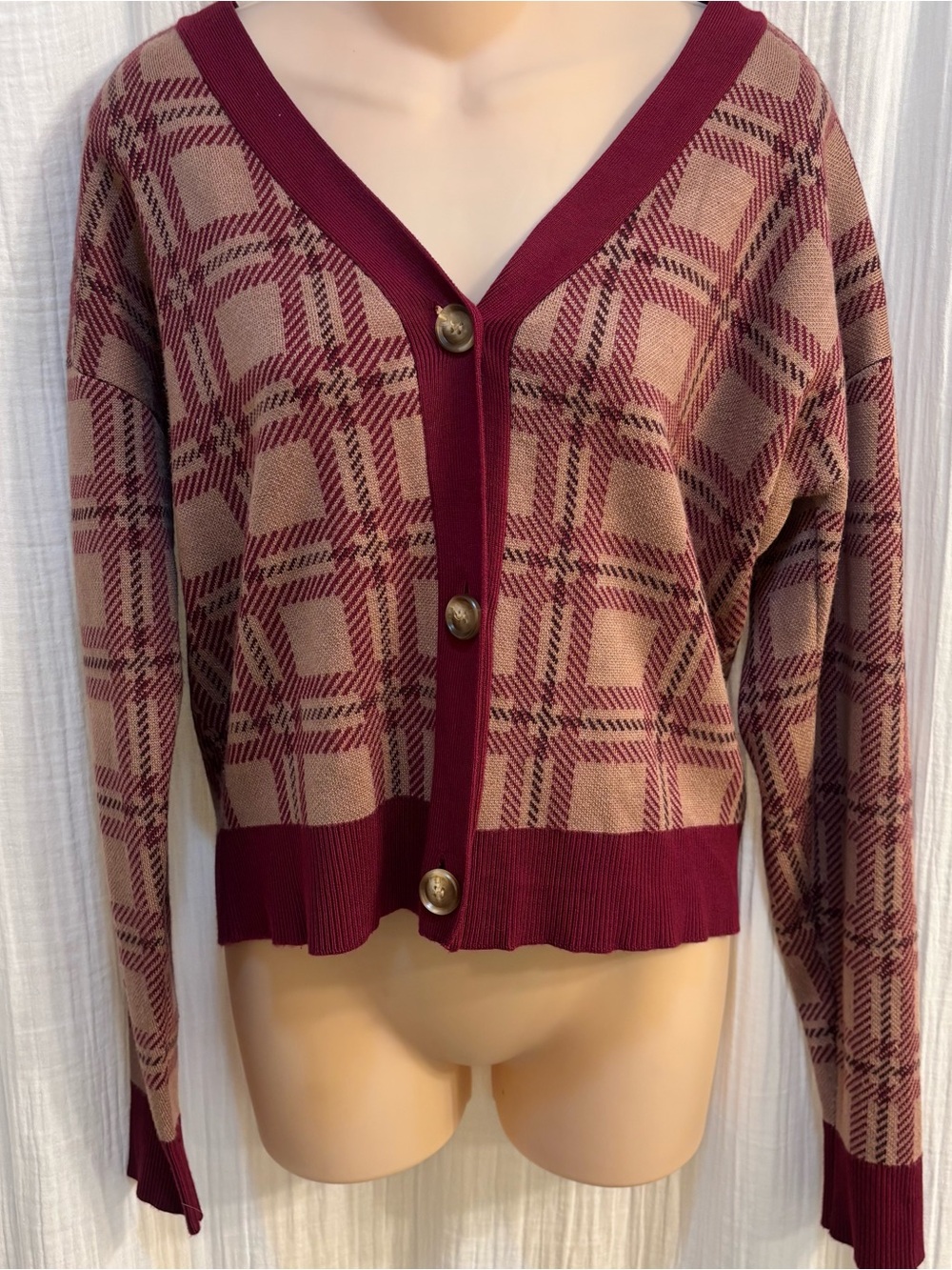 Lety & Me Women's Burgundy Plaid V-Neck Button Cardigan Sweater size M